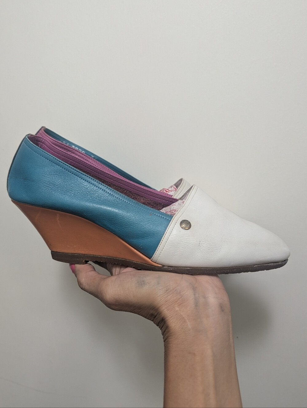 Céline vtg wedge colorblock slip on loafer gum sole teal purple orange white